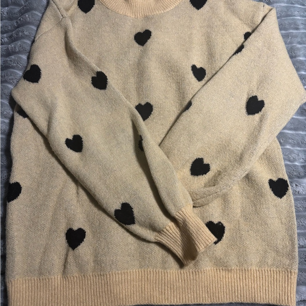 Cream Sweater with Black Hearts